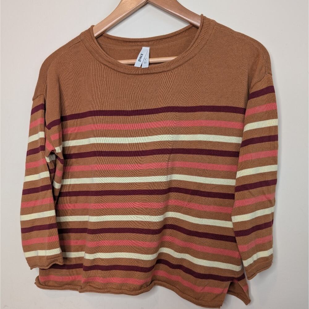Pact Organic Cotton Cropped Sweater Brown Stripe Long Sleeve Size M